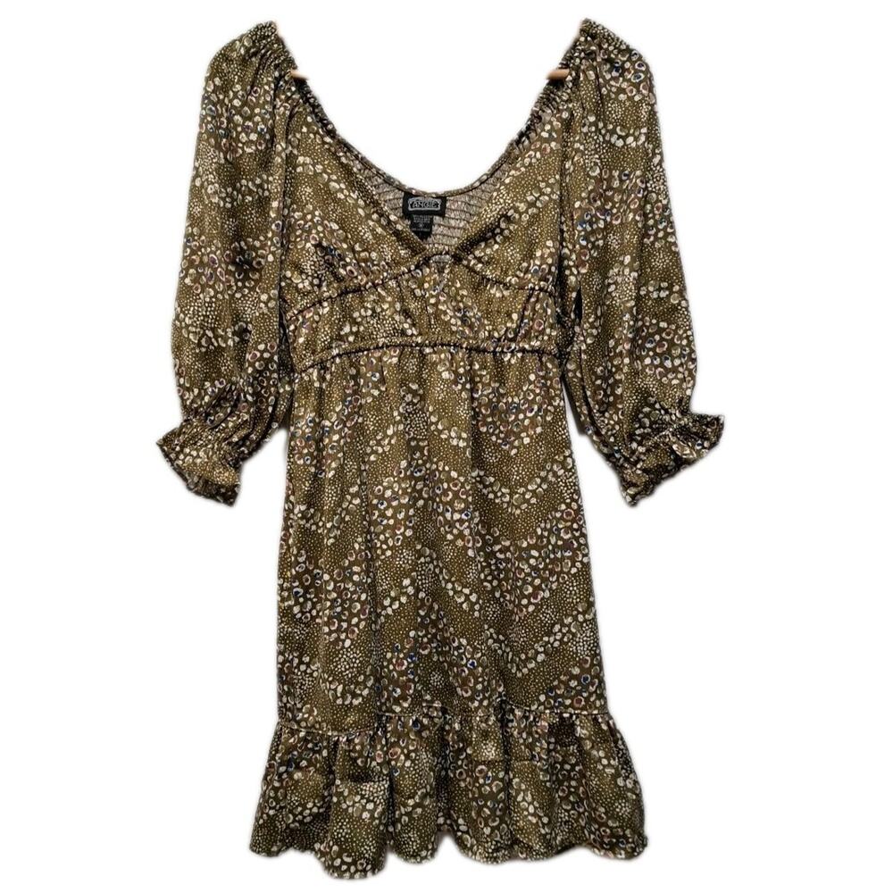 NWT Angie Babydoll Mini Dress Womens M Brown Printed Satin Smocked Back Boho